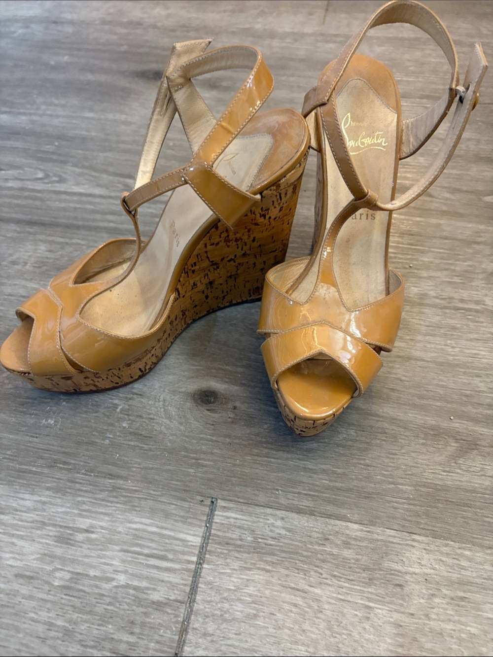 Christian Louboutin Tan Patent Cork Wedge Sandals
